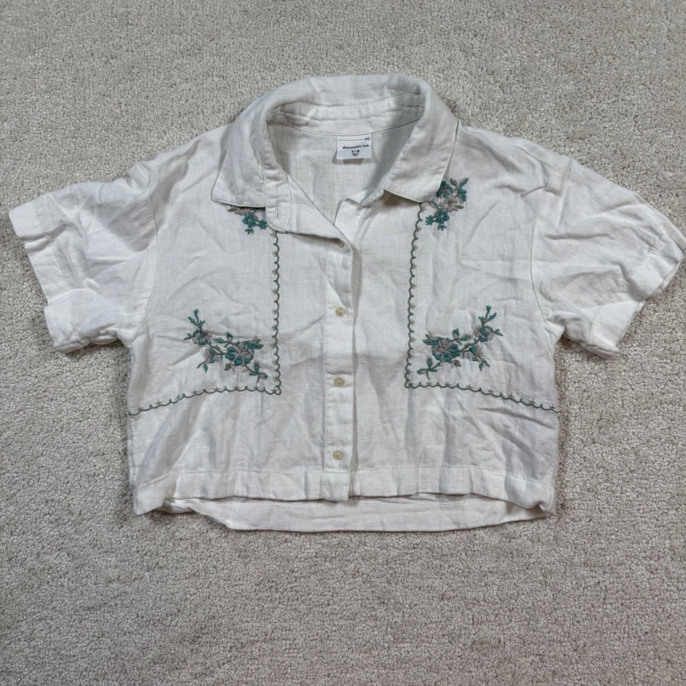 Abercrombie Kids Shirt Girls 9/10 White Linen Blend Embroidered Crop Button Up - Picture 2 of 8